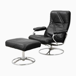 Adjustable Height Chair in Black Leather and Chrome Feet, Set of 2