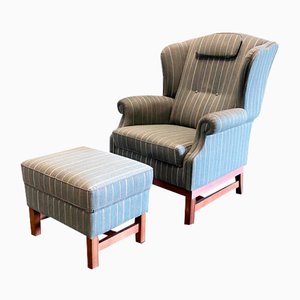 Vintage German Wing Chair with Ottoman, Set of 2