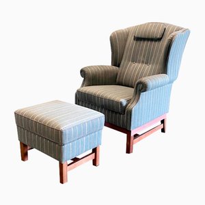 Wing Chair Vintage avec Ottomane, Set de 2