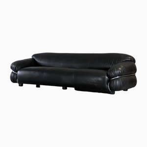 Italian Three-Seater Sofa in Black Leather by Gianfranco Frattini for Cassina, 1970s