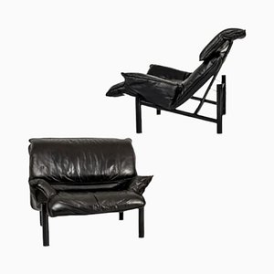 Half -Century Italian Armchairs in Black Leather, Set of 2