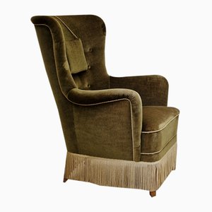 Vintage Danish Highback Armchair in Green Velvet, 1960s