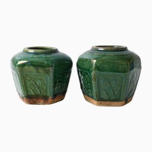 Chinese Green Glazed Shiwan Pottery Jars, 1890s, Set of 2