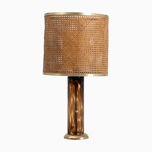 Mid-Century Modern Italian Table Lamp in Glass with Vienna Straw Lampshade by Tommaso Barbi, 1980s