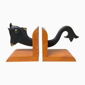 Fish Bookends in Bronze Black & Teak in the style of Walter Bosse, 1950s, Set of 2