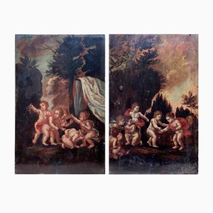 Landscapes with Putti, 1800s, Oil Paintings on Panels, Set of 2