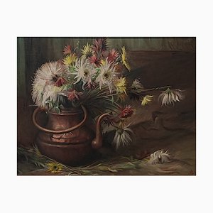 Aurèle Barraud, Bouquet et pot en cuivre, Öl auf Leinwand, Gerahmt