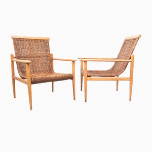 Fauteuils Mid-Century en Hêtre et Rotin par Jan Kalous pour Úluv, Former Czechoslovakia, 1960s, Set de 2