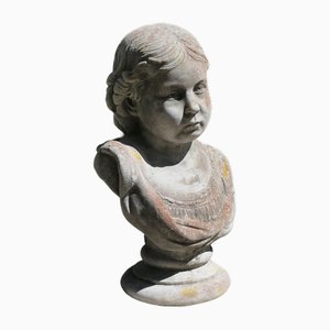 Estatua de jardín con busto de cabeza y hombros de una niña, años 50