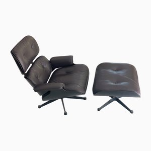 Set of Black Lounge Chair and Ottoman in Leather by Charles & Ray Eames for Herman Miller, 1980s