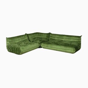 Togo Modular Sofa or Living Room Set in Olive Green Velvet by Michel Ducaroy for Ligne Roset, 1970s, Set of 3