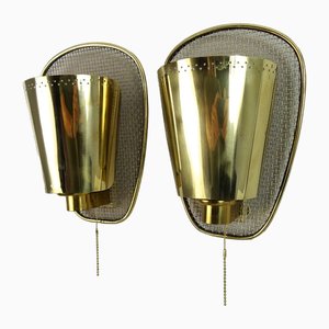 French Modern Sconces in Golden Curved and Perforated Brass, 1950, Set of 2