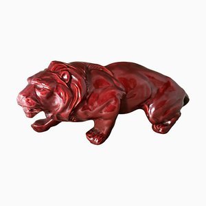 French Art Deco Glazed Red Ceramic Lion in the style of Saint Clement, 1930