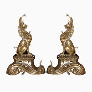 Gold Bronze Griffins Fireplace Andirons, 1930s, Set of 2