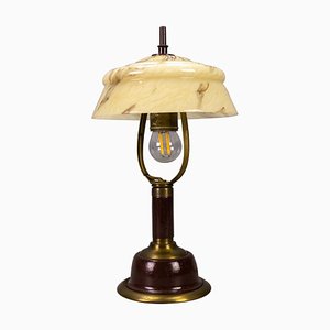 Lámpara de mesa ajustable vintage de metal y vidrio marmolado, años 50