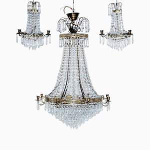 Prisms Chandelier with Suitable Wall Lamps, 1900, Set of 3