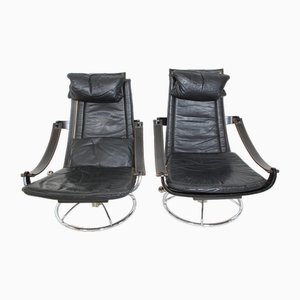 Black Leather Swivel Chairs attributed to Ake Fribytter, 1970s, Set of 2