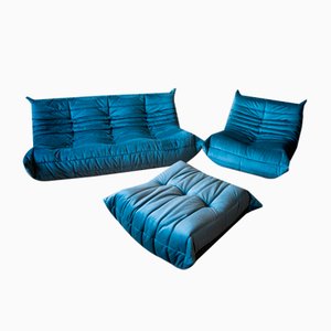 Vintage French Sea Blue Velvet Togo Living Room Set by Michel Ducaroy for Ligne Roset, Set of 3