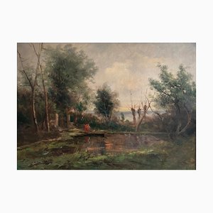 Ziveri, Couple en balade au bord de l'étang avec chien et cygnes, Oil on Canvas, Framed