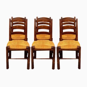 Vintage Brutalist Chairs in Wood and Straw by Georges Robert, 1960s, Set of 6