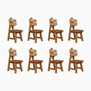 Brutalist Style Sculptural Dining Chairs in Oak, France, 1960s, Set of 8