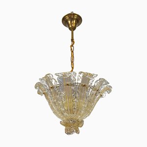 Mid-Century Italian Murano Glass Gold Inclusion Foliage Pendant Light, 1950s