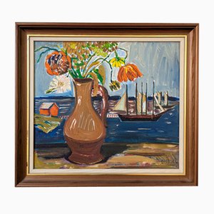 Veleros y flores, años 50, óleo a bordo, enmarcado