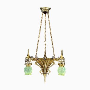 Lampadario Art Nouveau con paralumi in vetro opalino, Vienna, 1908