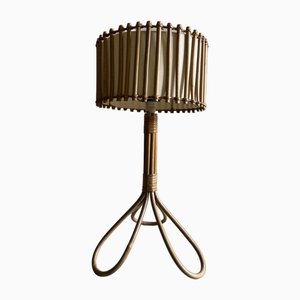 Bambus Tischlampe mit Original Rattan Leinwand Schirm, Frankreich, 1950er