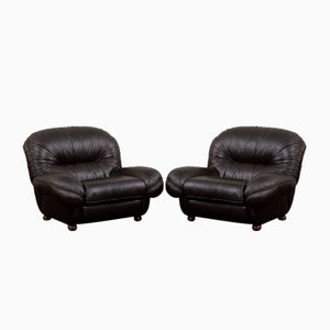 Large Vintage Italian Space Age Lounge Chairs in Black Leatherette by Linea Valentini, 1970s, Set of 2