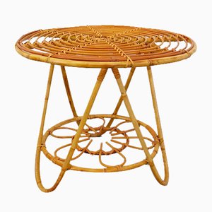 Vintage Round Coffee Table with Rattan Magazine Rack, 1960s