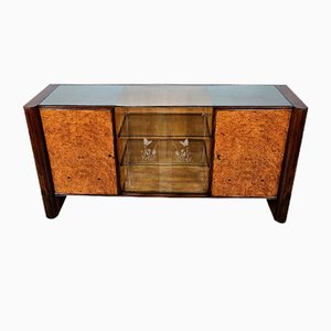 Art Deco Sideboard with Transparent Glass Top and Decorated Sliding Glass, 1940s