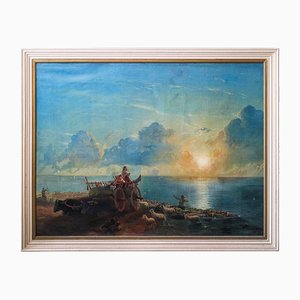 Artista italiano, Puesta de sol con animales y personajes, década de 1800, óleo sobre lienzo, enmarcado