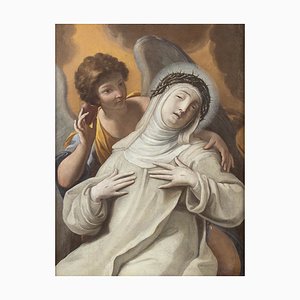 D'après Lorenzo Pasinelli, Extase de sainte Catherine de Sienne soutenue par un ange, huile sur toile, encadrée