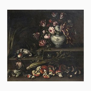 Angelo Maria Rossi, Bodegón con jarrón de flores, caza, setas y verduras, década de 1600, óleo sobre lienzo, enmarcado