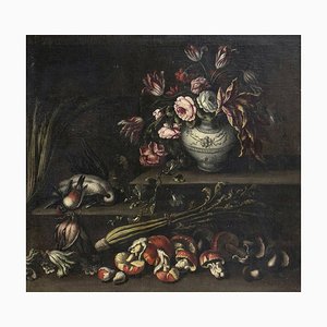 Angelo Maria Rossi, Nature morte avec vase de fleurs, gibier, champignons et légumes, années 1600, huile sur toile, encadrée