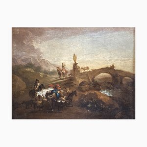 Nicolaes Berchem, Paesaggio Latino con Viandanti e Armenti, 1600er, Öl auf Leinwand, Gerahmt