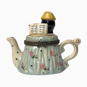Antique Hand-Painted Porcelain Teapot Trinket with Black Reader