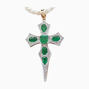 Rose Gold and Silver Cross Pendant with Emeralds and Diamonds, 1960s