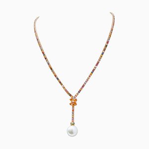 14 Kt Rose Gold Necklace with South-Sea Pearl and Diamonds, 1970s