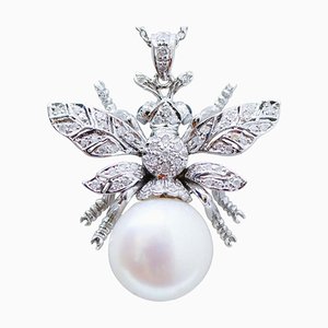 14 KT White Gold Fly Pendant with Pearl and Diamonds, 1970s