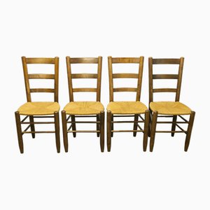 Oak and Straw Dining Chairs, 1950s, Set of 4