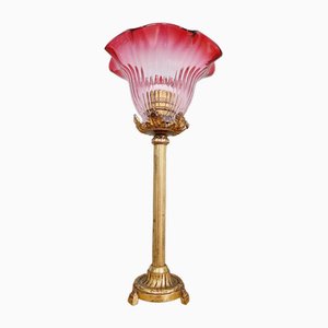 Tischlampe aus Vergoldeter Bronze & Rosa Glas Bobèche, Frühes 20. Jahrhundert