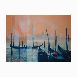 Jean-Baptiste Valadie, Gondoles et Lagune à Venise, Lithographie au Crayon