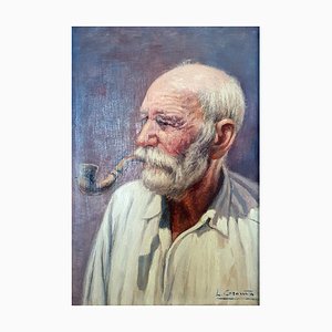 Louis Granata, Hombre con pipa, años 50, óleo sobre tabla