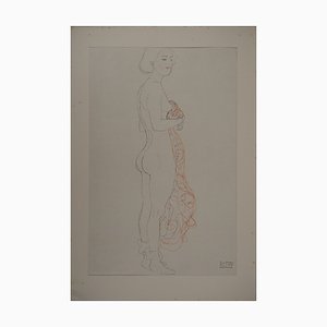 Gustav Klimt, Stehender Akt mit Stoffen, Signierte Lithographie, 1929