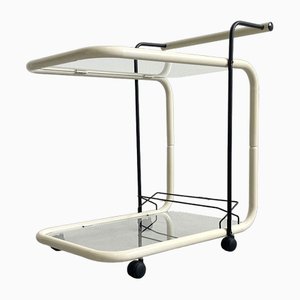 Vintage Italian Modernist Serving Trolley Bar Cart in White Lacquered Metal and Clear Glass, Italy, 1970s