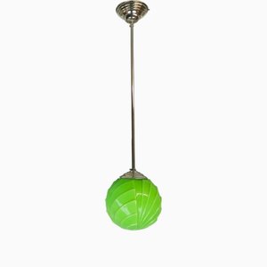 Lampe à Suspension Globe Style Art Déco en Opaline Verte, 1960s