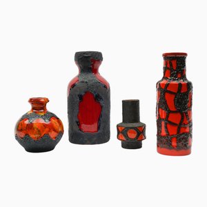 Deutsche Vintage Fat Lava Keramikvasen in Rot & Orange, 1960er, 4 . Set