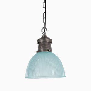 Industrial Blue Tinted Holophane Pendant Light, 1930s
